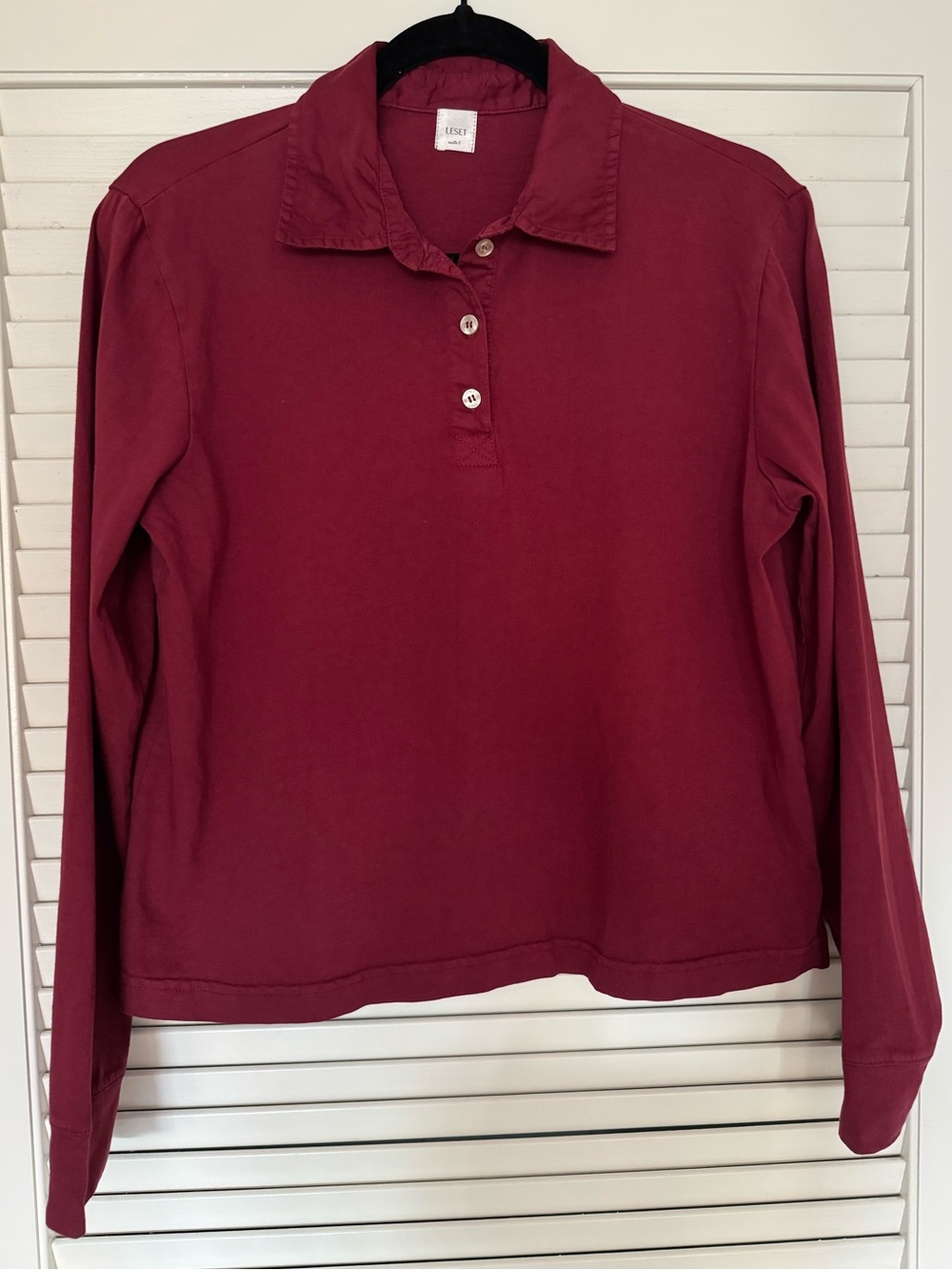 LESET Margo Long Sleeve Polo Cotton Burgundy Size Small